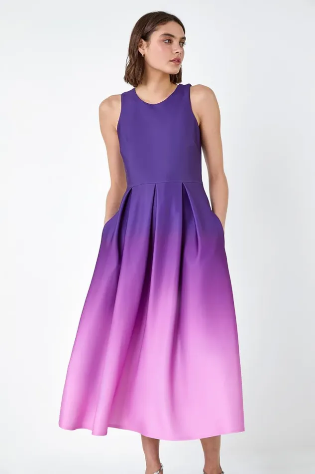 Ombre Pleated Luxe Stretch Midi Dress Women Roman Dresses
