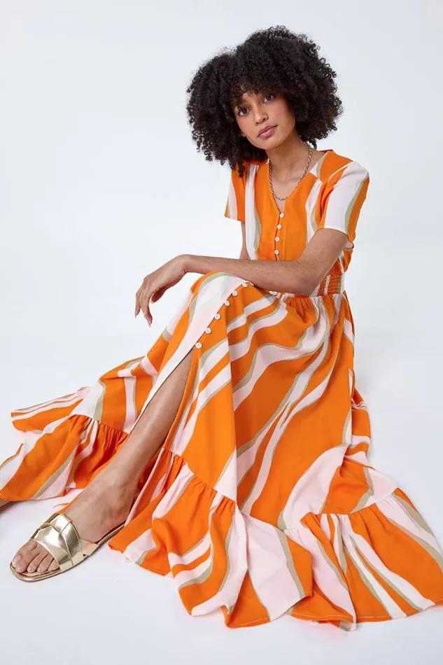 Orange Abstract Textured Frill Hem Maxi Dress Women Roman Dresses