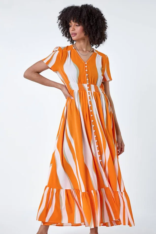 Orange Abstract Textured Frill Hem Maxi Dress Women Roman Dresses