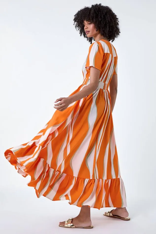 Orange Abstract Textured Frill Hem Maxi Dress Women Roman Dresses