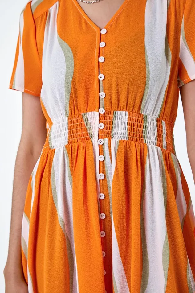Orange Abstract Textured Frill Hem Maxi Dress Women Roman Dresses