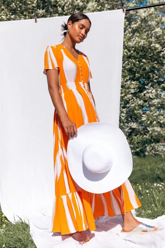 Orange Abstract Textured Frill Hem Maxi Dress Women Roman Dresses