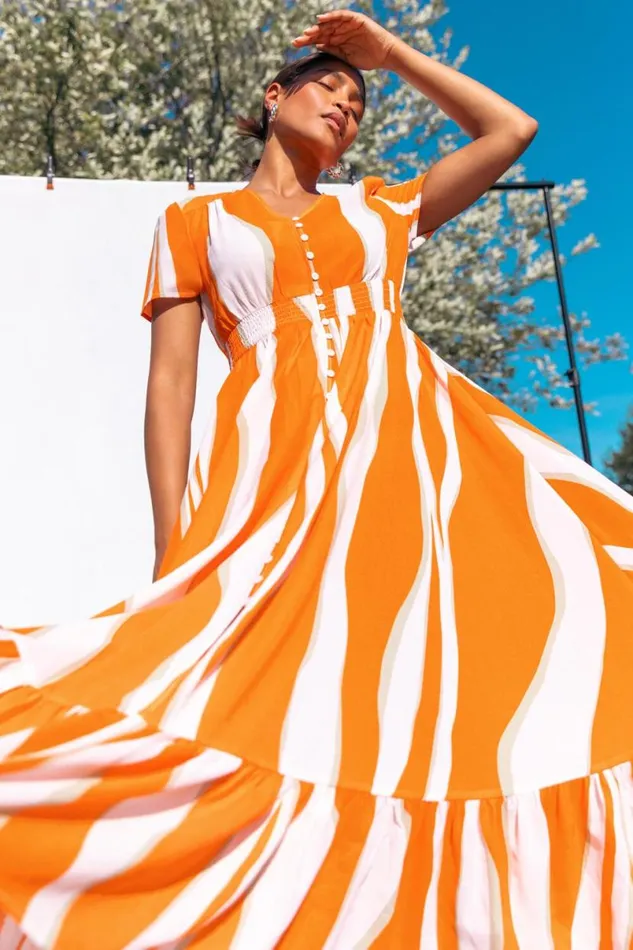 Orange Abstract Textured Frill Hem Maxi Dress Women Roman Dresses