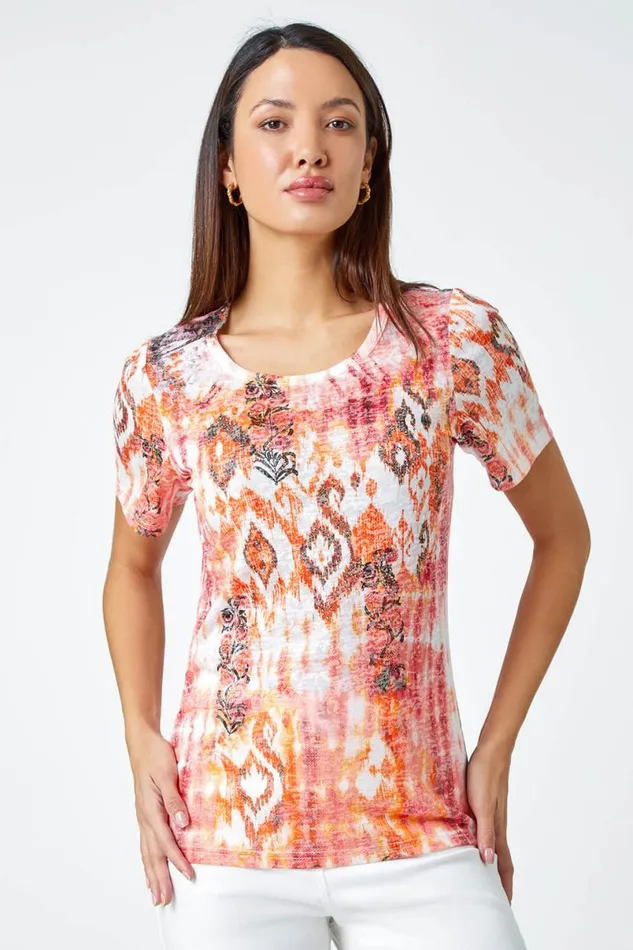 Orange Burnout Aztec Print Diamante Top Women Roman Tops