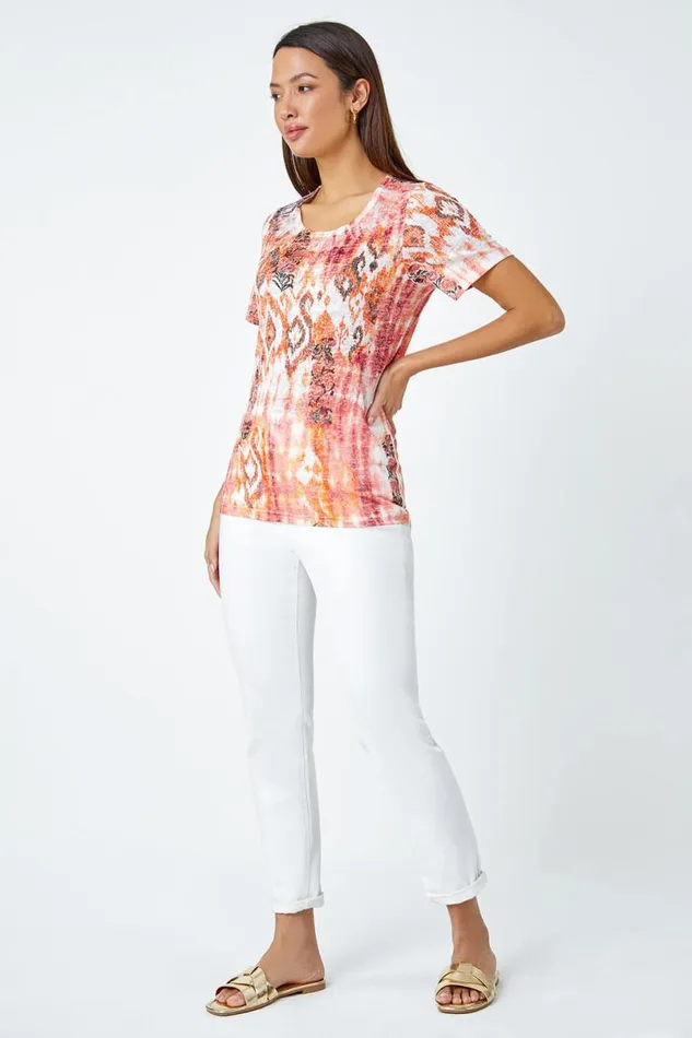 Orange Burnout Aztec Print Diamante Top Women Roman Tops