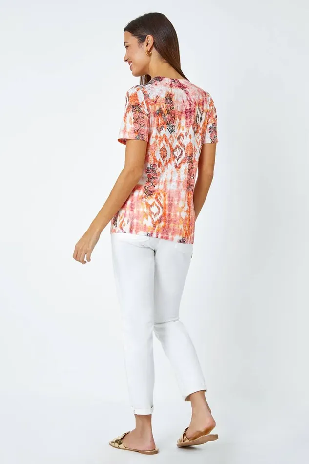 Orange Burnout Aztec Print Diamante Top Women Roman Tops