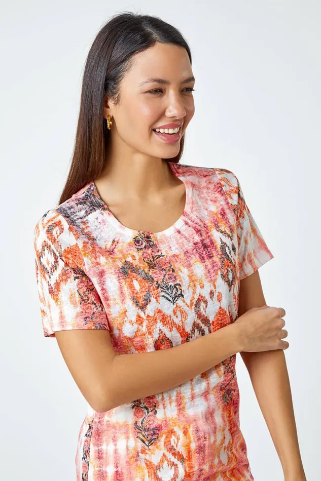 Orange Burnout Aztec Print Diamante Top Women Roman Tops