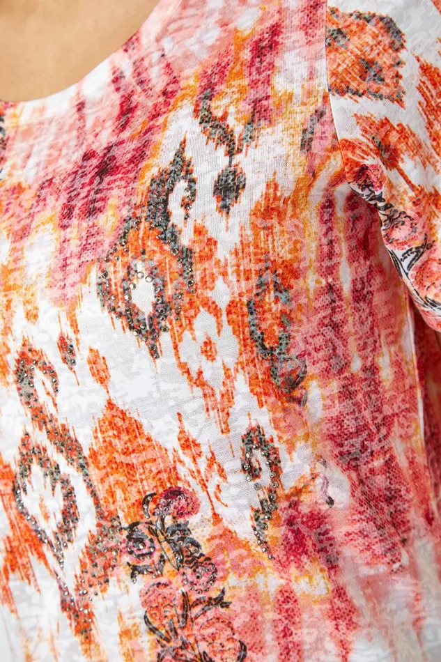 Orange Burnout Aztec Print Diamante Top Women Roman Tops