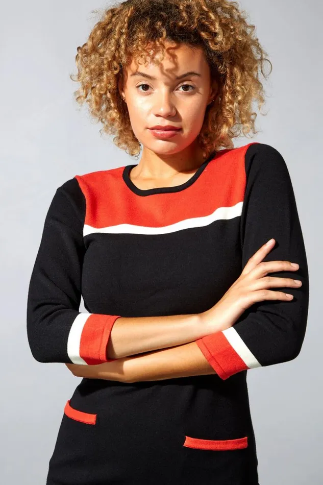 Orange Colour Block Knitted Dress Women Roman Dresses