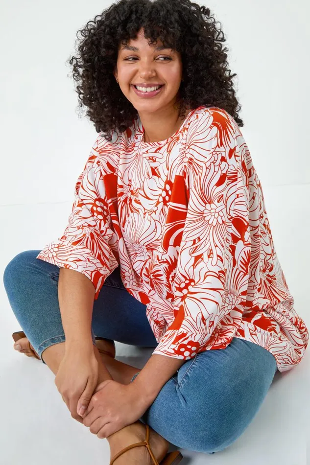Orange Curve Floral Print Dipped Hem Top Women Roman Tops