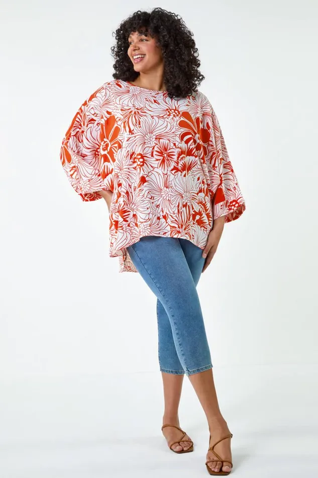 Orange Curve Floral Print Dipped Hem Top Women Roman Tops