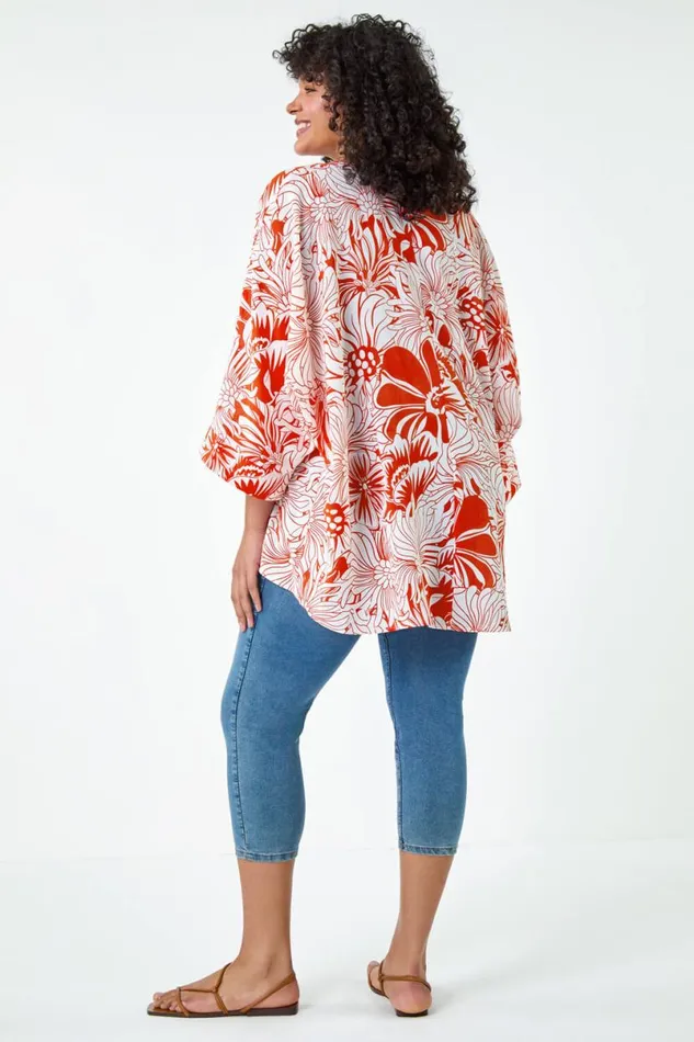 Orange Curve Floral Print Dipped Hem Top Women Roman Tops