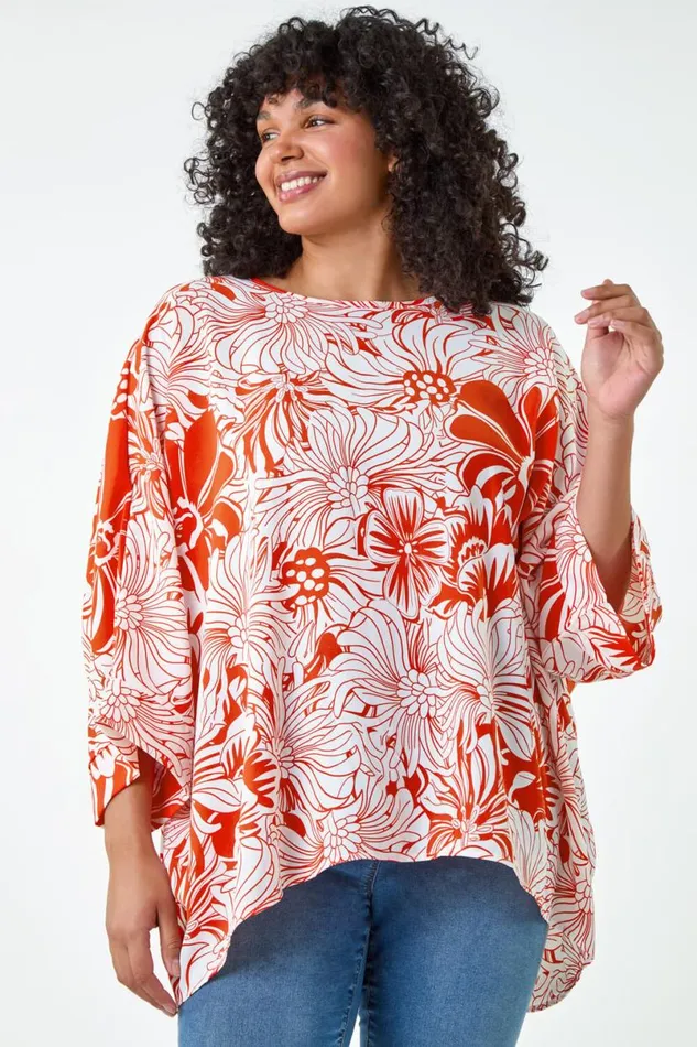 Orange Curve Floral Print Dipped Hem Top Women Roman Tops