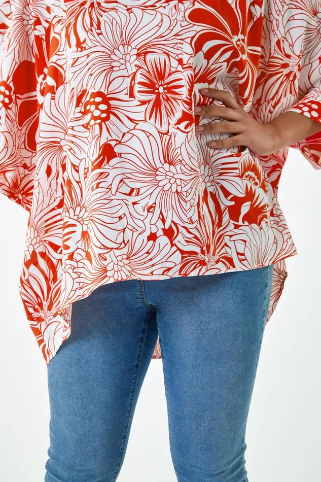Orange Curve Floral Print Dipped Hem Top Women Roman Tops