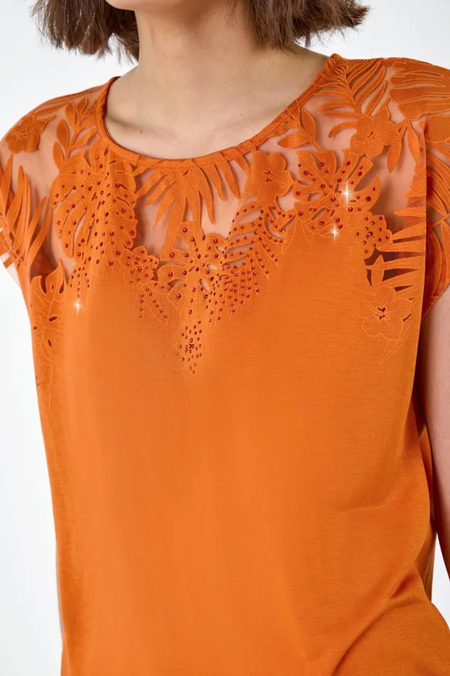 Orange Embellished Palm Print Cut Out TShirt Women Roman Tops