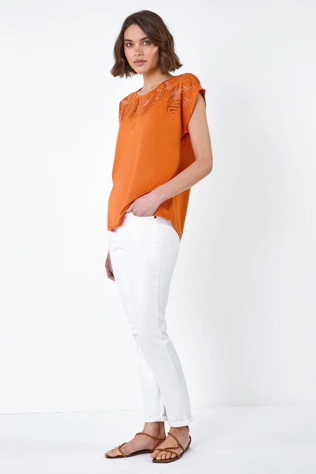 Orange Embellished Palm Print Cut Out TShirt Women Roman Tops