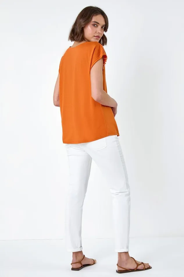Orange Embellished Palm Print Cut Out TShirt Women Roman Tops
