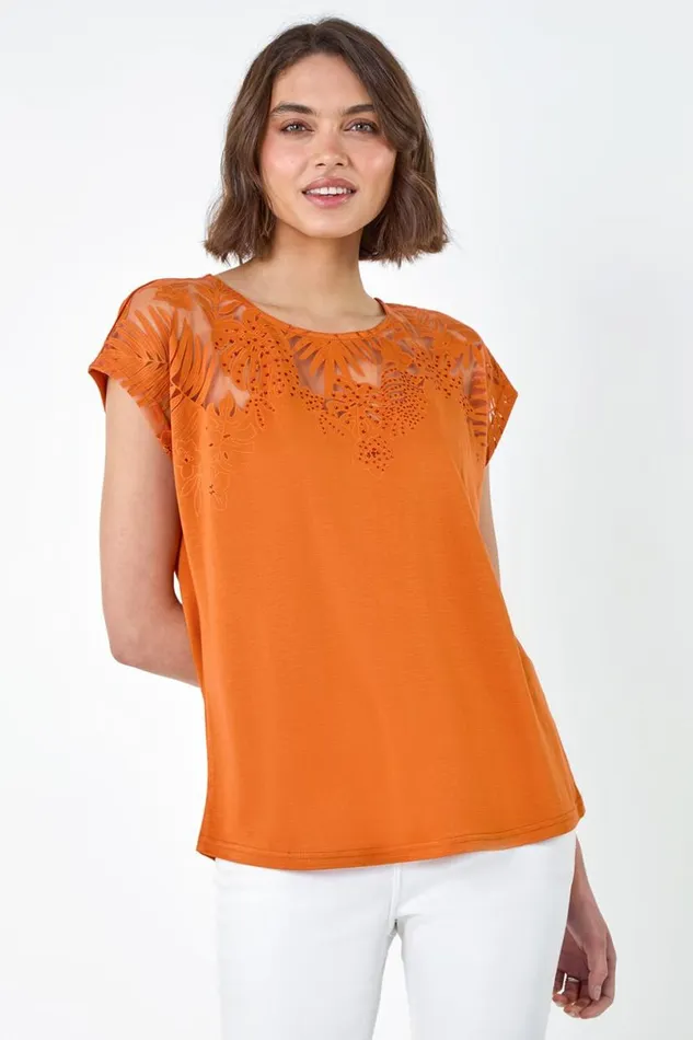 Orange Embellished Palm Print Cut Out TShirt Women Roman Tops