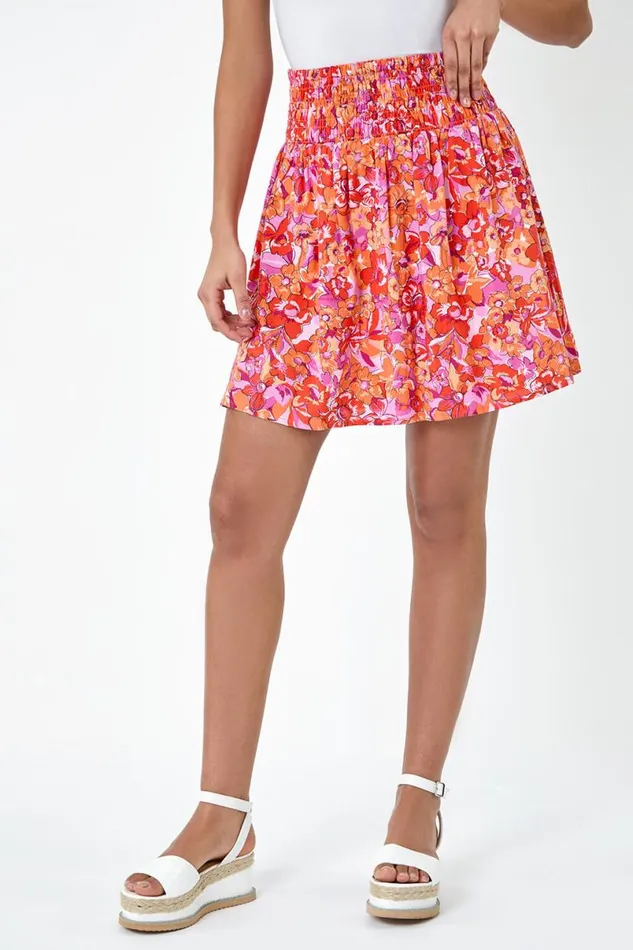 Orange Floral Elastic Waist Shirred A Line Mini Skirt Women Roman Skirts