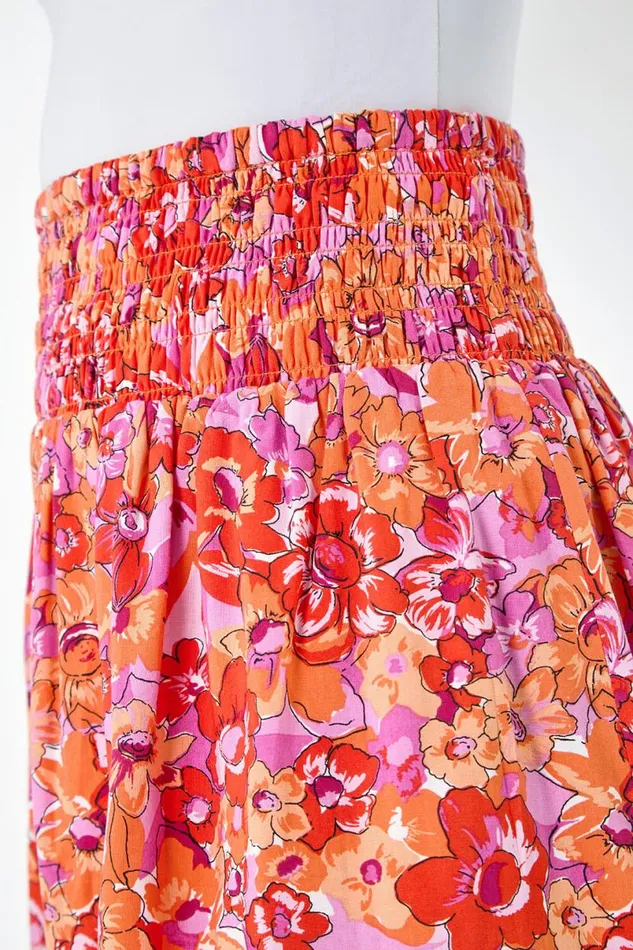 Orange Floral Elastic Waist Shirred A Line Mini Skirt Women Roman Skirts
