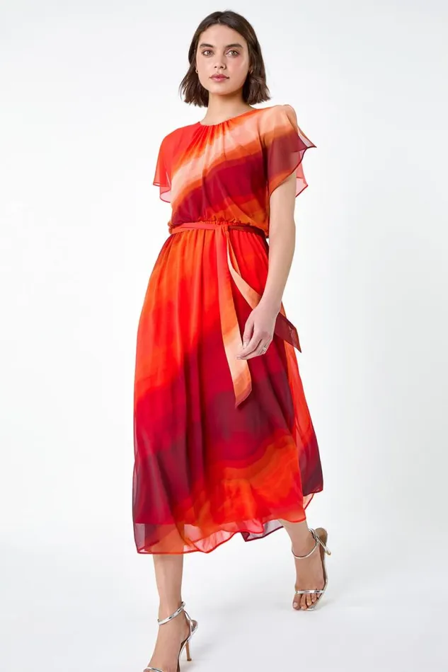 Orange Ombre Cape Sleeve Midi Dress Women Roman Dresses
