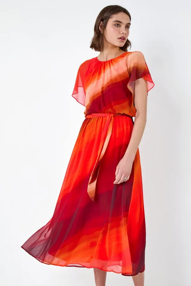 Orange Ombre Cape Sleeve Midi Dress Women Roman Dresses