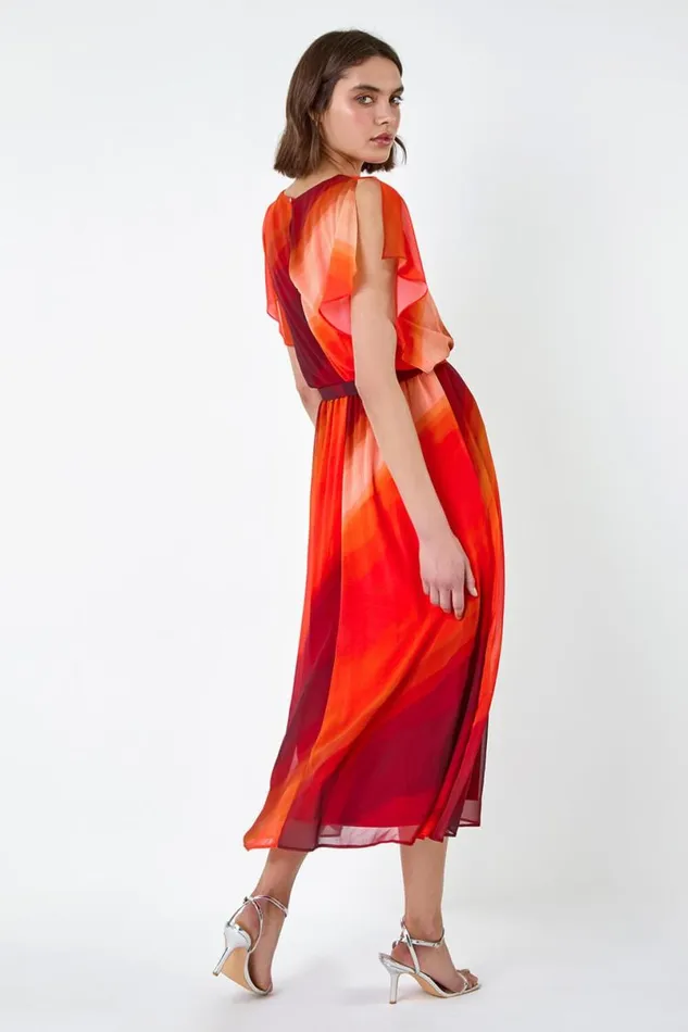 Orange Ombre Cape Sleeve Midi Dress Women Roman Dresses
