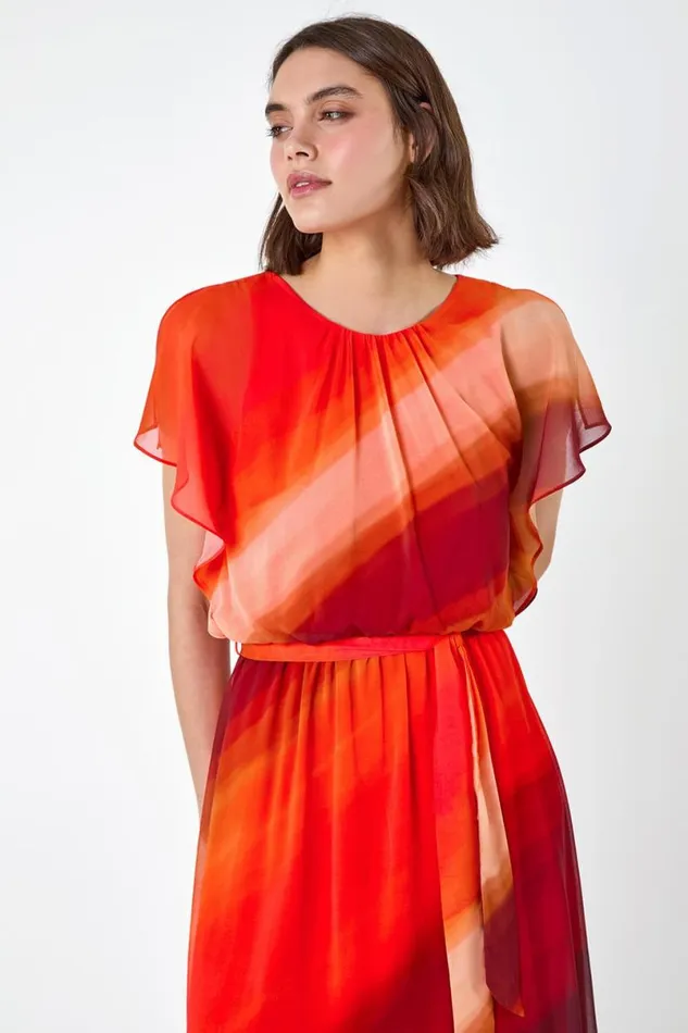 Orange Ombre Cape Sleeve Midi Dress Women Roman Dresses