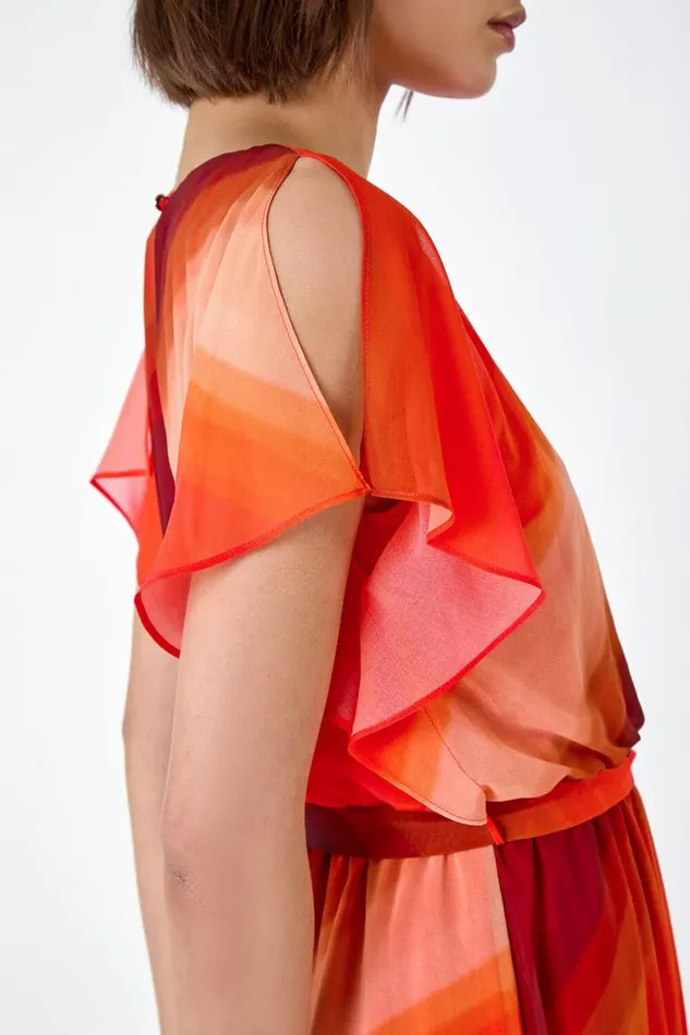 Orange Ombre Cape Sleeve Midi Dress Women Roman Dresses