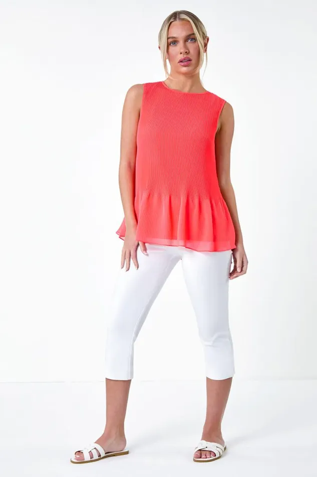Orange Petite Plain Pleated Vest Top Women Roman Tops