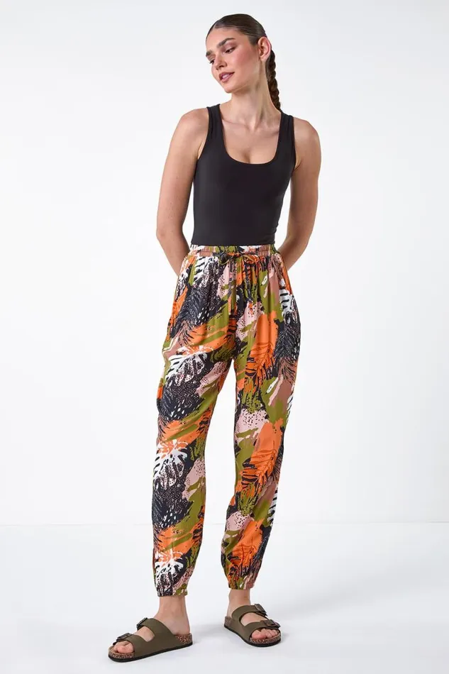 Orange Tropical Leaf Print Hareem Trousers Women Roman Trousers