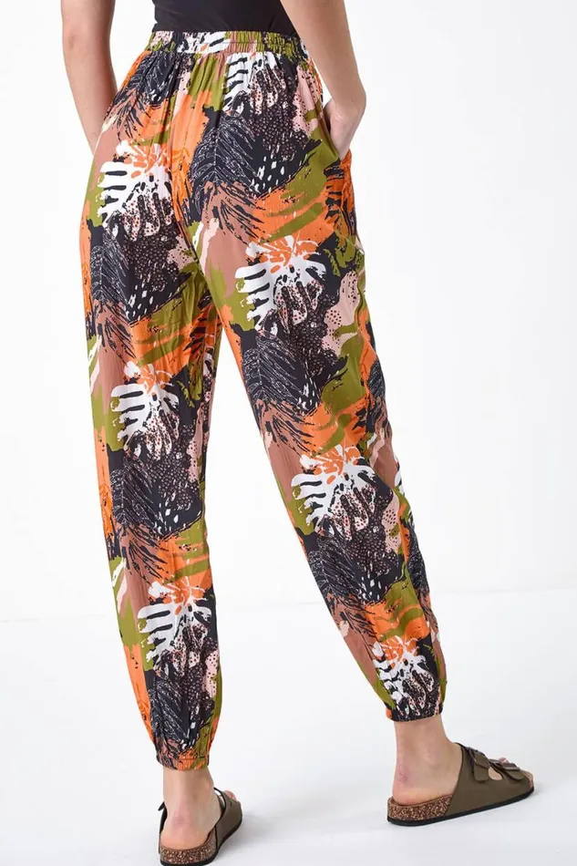 Orange Tropical Leaf Print Hareem Trousers Women Roman Trousers