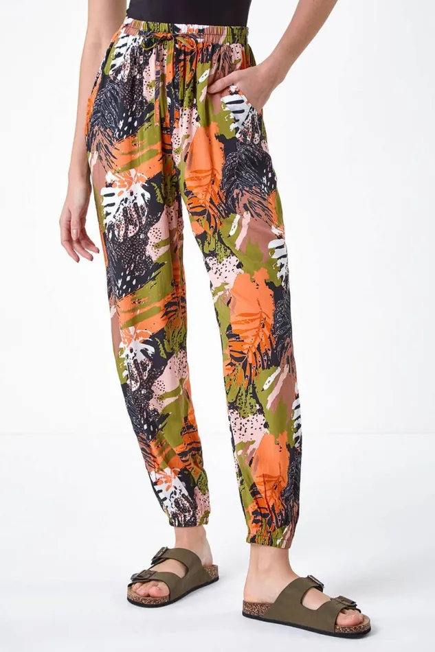 Orange Tropical Leaf Print Hareem Trousers Women Roman Trousers
