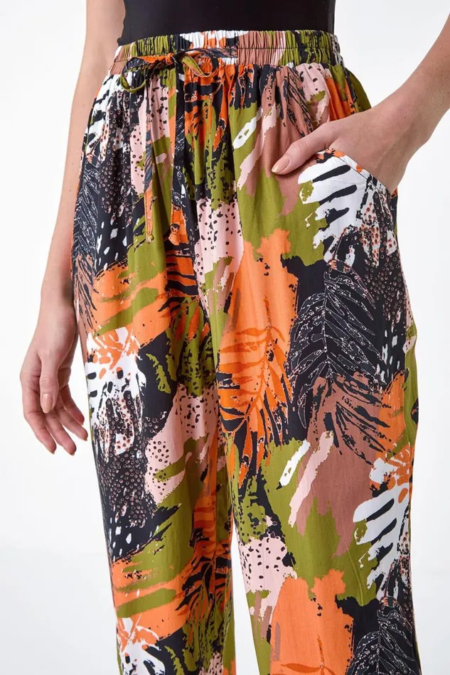 Orange Tropical Leaf Print Hareem Trousers Women Roman Trousers