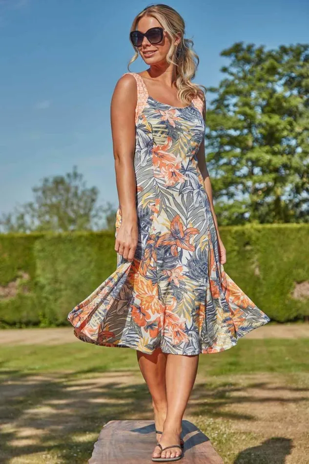 Orange Tropical Print Fit And Flare Skater Dress Women Roman Dresses