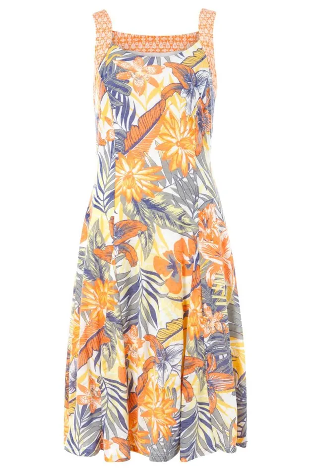 Orange Tropical Print Fit And Flare Skater Dress Women Roman Dresses