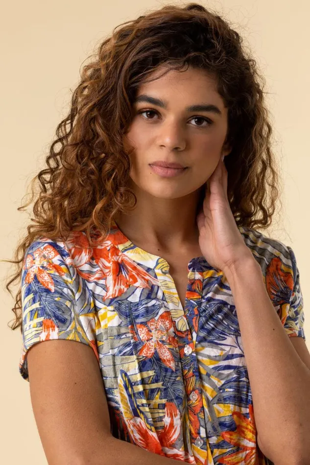 Orange Tropical Print Tie Front VNeck Stretch Top Women Roman Tops