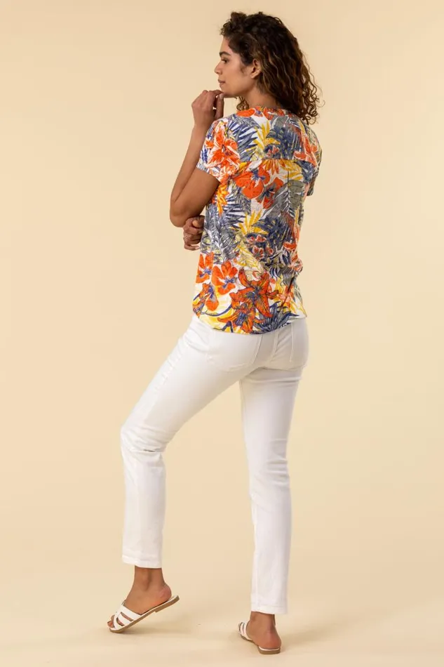 Orange Tropical Print Tie Front VNeck Stretch Top Women Roman Tops
