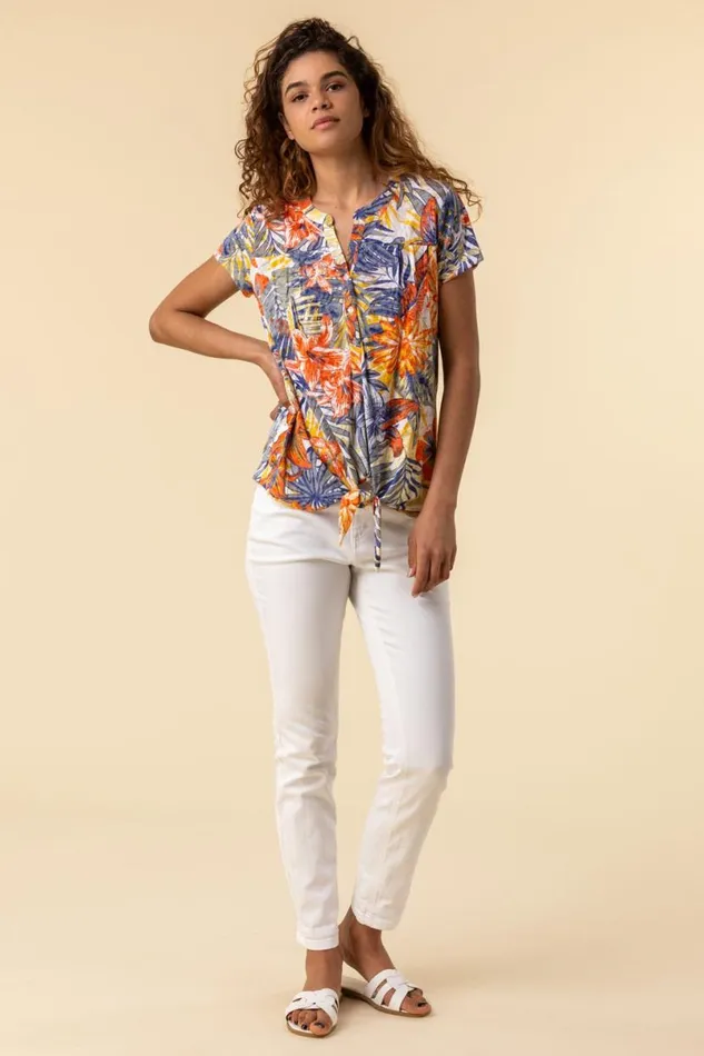Orange Tropical Print Tie Front VNeck Stretch Top Women Roman Tops