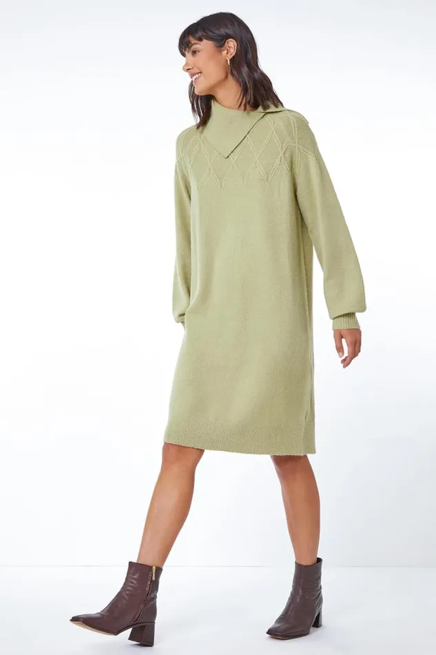 Pale Green Longline Split Neck Jumper Dress Women Roman Dresses