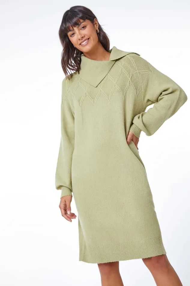 Pale Green Longline Split Neck Jumper Dress Women Roman Dresses