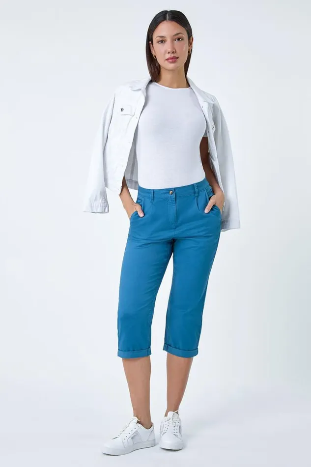 Petrol Blue Cotton Blend Cropped Chino Trousers Women Roman Trousers