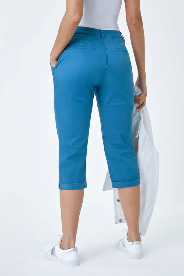 Petrol Blue Cotton Blend Cropped Chino Trousers Women Roman Trousers