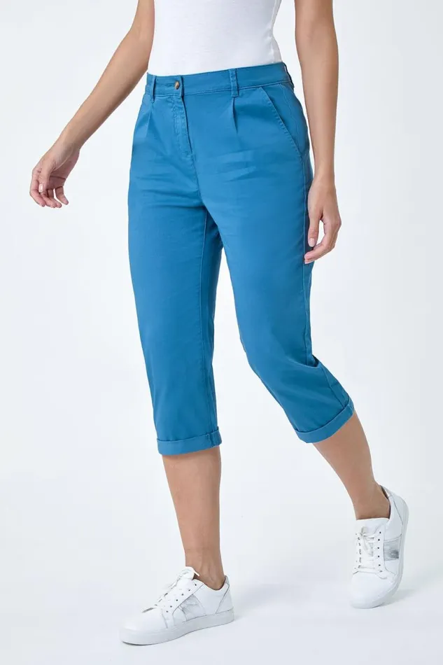 Petrol Blue Cotton Blend Cropped Chino Trousers Women Roman Trousers