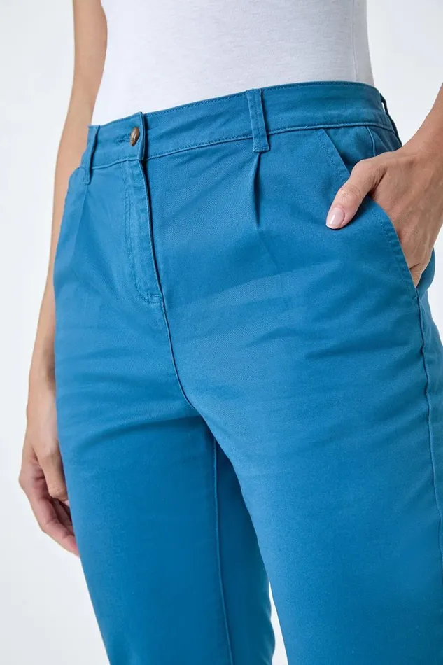 Petrol Blue Cotton Blend Cropped Chino Trousers Women Roman Trousers