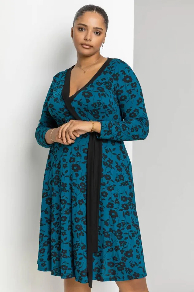 Petrol Blue Curve Floral Contrast Print Wrap Dress Women Roman Dresses