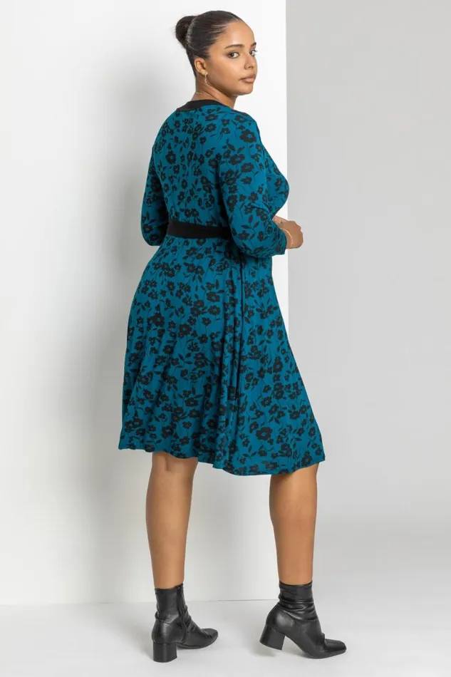 Petrol Blue Curve Floral Contrast Print Wrap Dress Women Roman Dresses