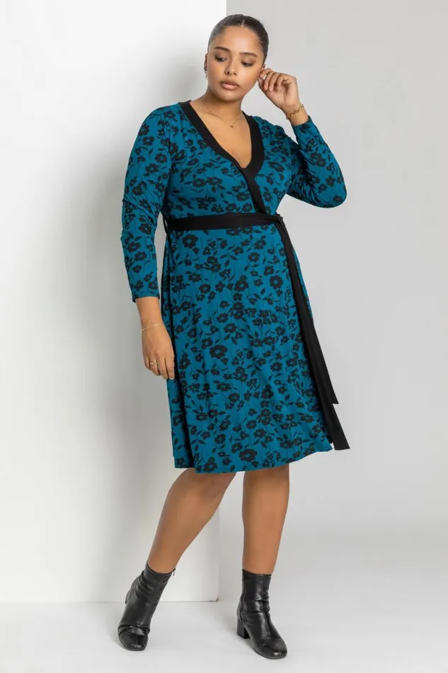 Petrol Blue Curve Floral Contrast Print Wrap Dress Women Roman Dresses