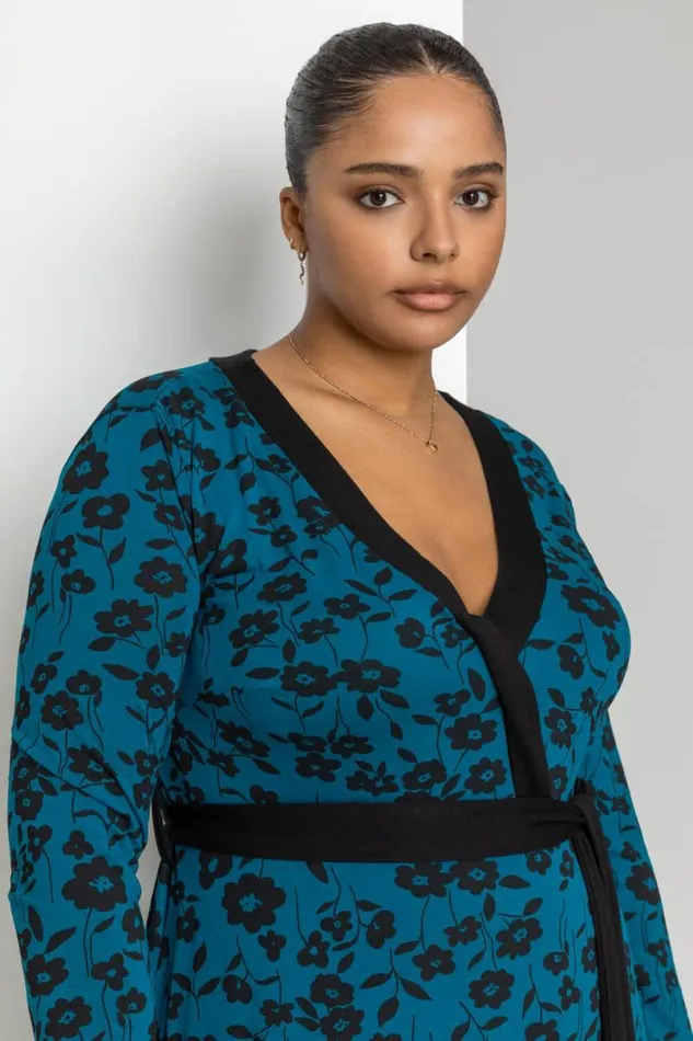 Petrol Blue Curve Floral Contrast Print Wrap Dress Women Roman Dresses