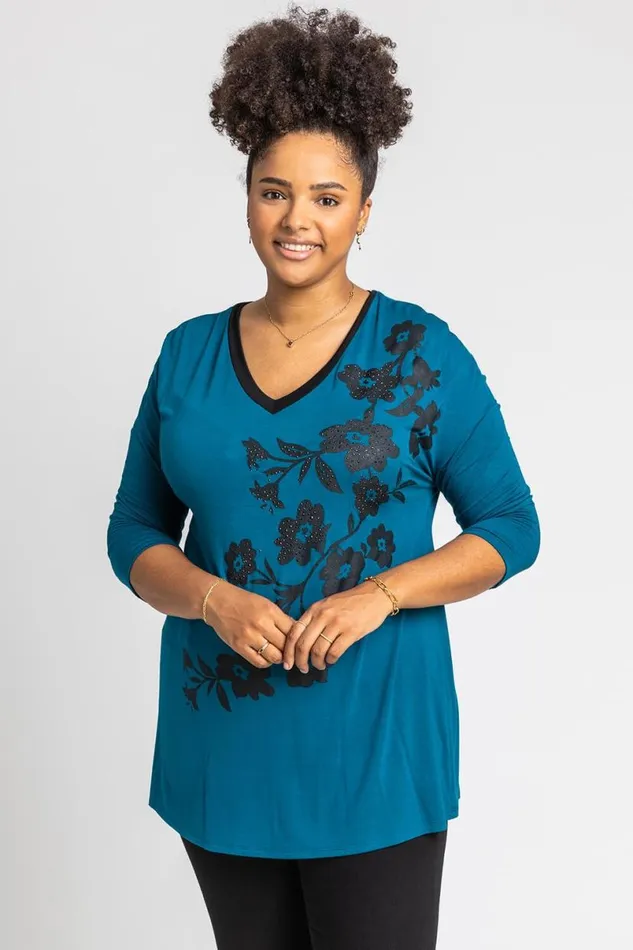 Petrol Blue Curve Floral Embellished Jersey Top Women Roman Tops